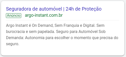 Anúncio no Google sobre Seguro automotivo