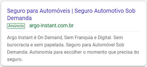 Variação de anúncio no Google sobre Seguro automotivo